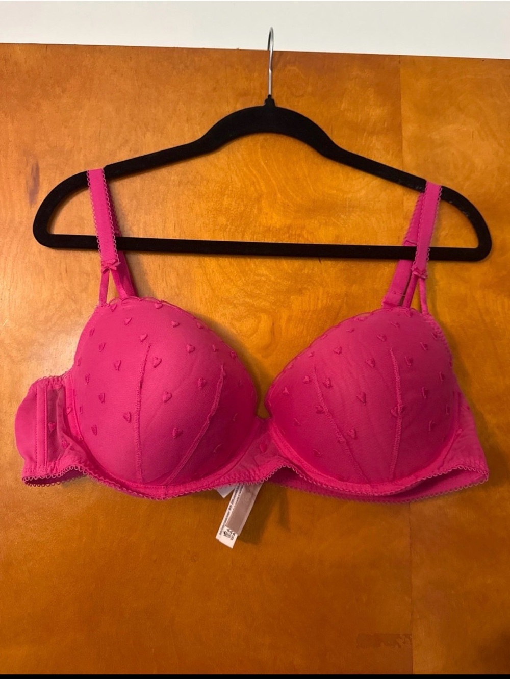 PINK Victoria's Secret Hot Pink Embroidered Heart Push-Up Bra